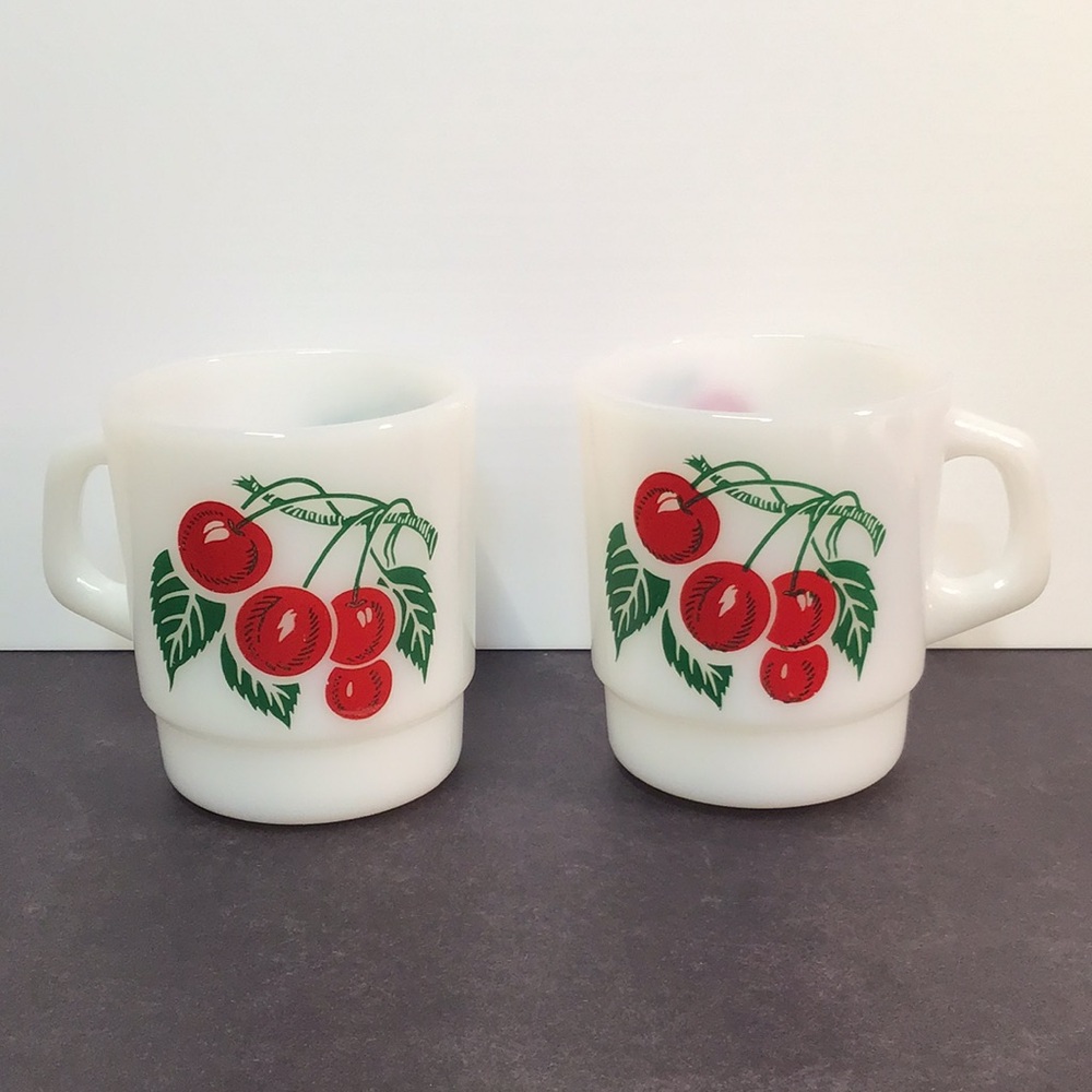 Vintage Termocrisa milk glass Cherry Design White stack Mug pair vibrant colors